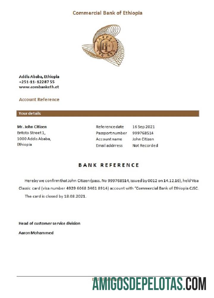 Referência de encerramento do banco comercial da Etiópia exemplo